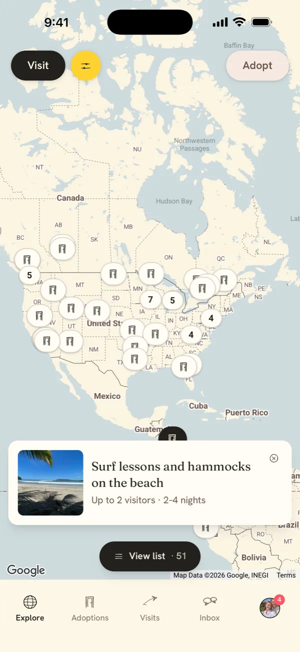 The map in Visit mode with one adoption open: surf lessons and hammocks on the beach in Costa Rica.